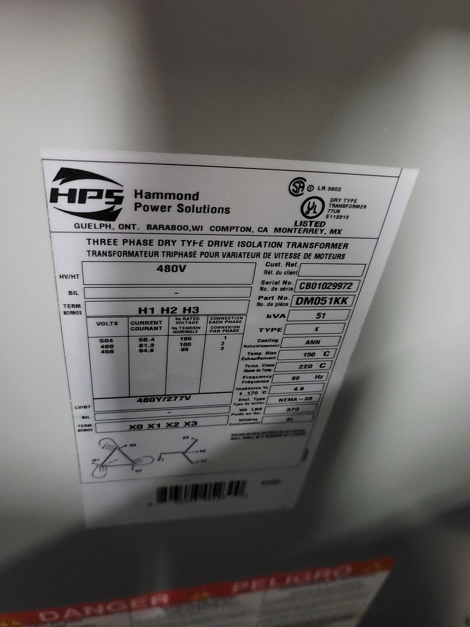 HAMMOND POWER SOLUTIONS DM051KK DRIVE ISOLATION TRANSFORMER, 51KVA, 480D PRI/480Y SEC - undefined