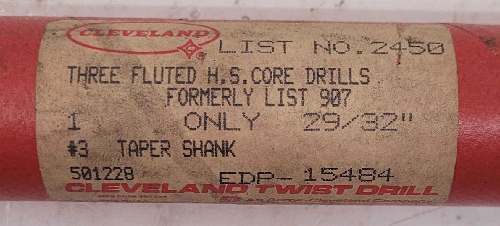 CLEVELAND TWIST DRILL EDP-15484 29/32" TAPER SHANK DRILL BIT 3 MT 3 FLUTED H.S. CORE DRILL - undefined