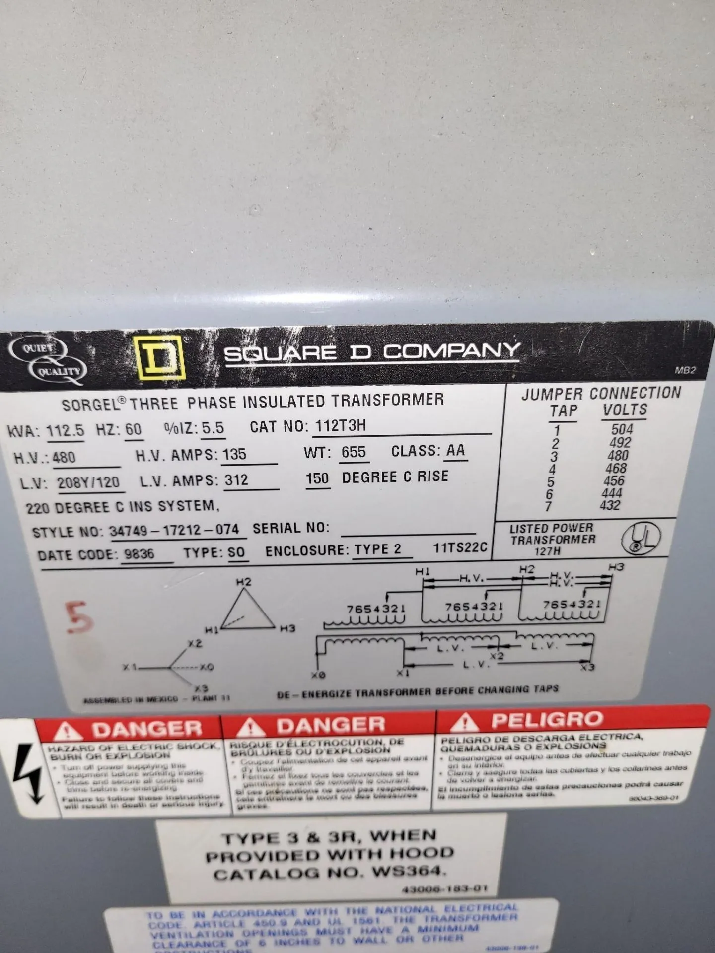 SQUARE D 112T3H SORGEL 112.5 KVA 480V TO 208Y/120V 3 PHASE DRY-TYPE TRANSFORMER - undefined